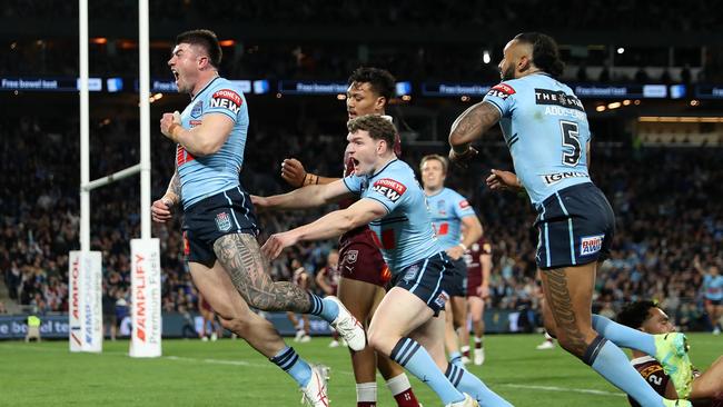 Bradman Best celebrates his first Origin try. Photo by Brendon Thorne/Getty Images