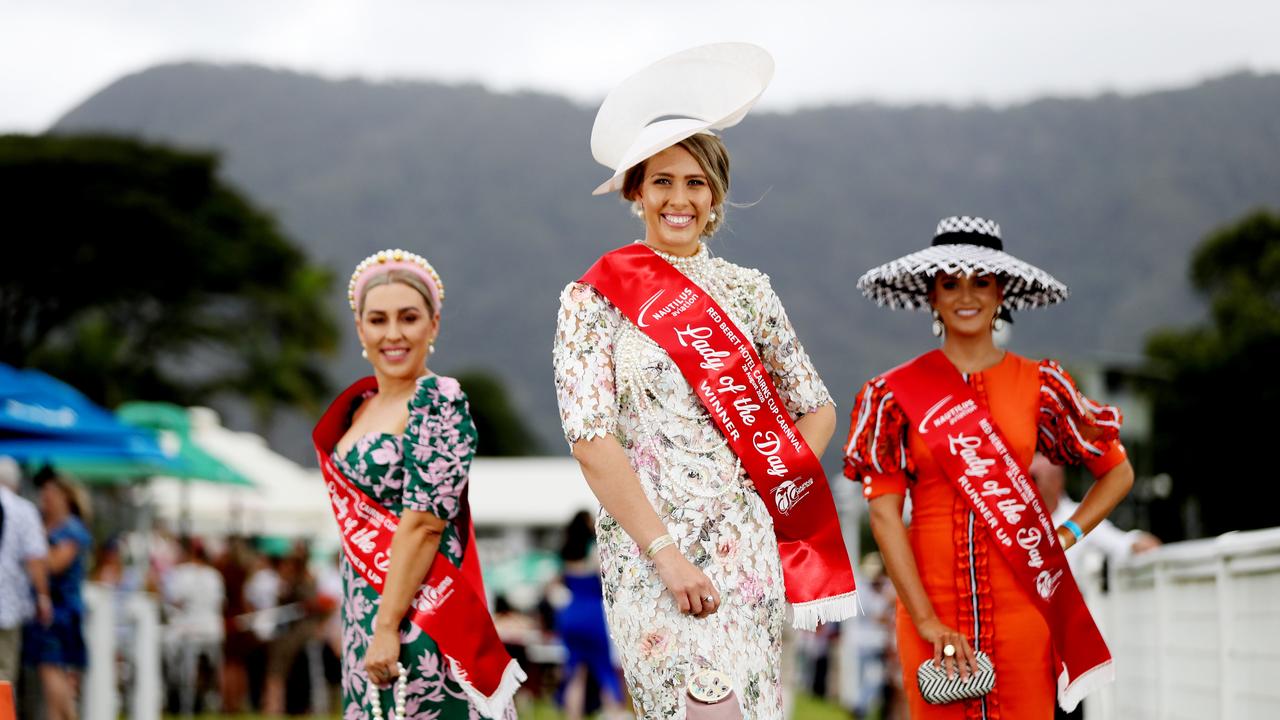 2020 Cairns Cup day at Cannon Park. Fashions on the field Lady of the day second runner up Louise Zappala, winner Stacie Galeano and first runner up Jordan. Picture: Stewart McLean