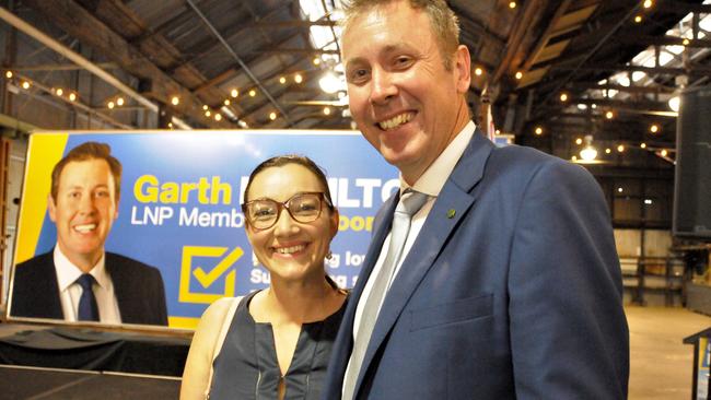 LNP's member for Groom Garth Hamilton with his wife Louise at the launch of his 2022 election campaign at the Mills Precinct in Toowoomba.