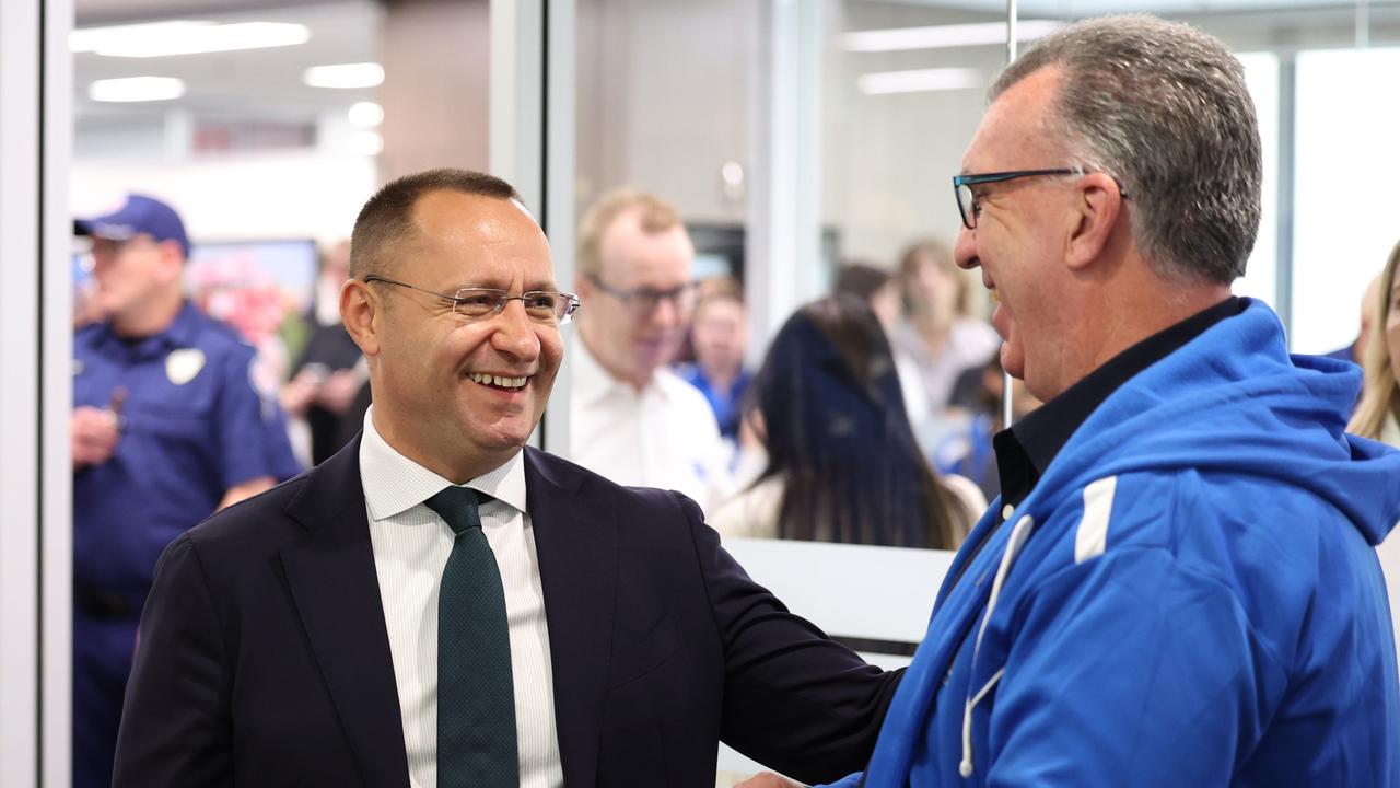 Ms Paievska’s speech was attended by the Ukrainian Ambassador to Australia Vasyl Myroshnychenko (left), NSW Health Minister Ryan Park, and HSU paramedic delegates. Picture: NCA NewsWire / David Swift