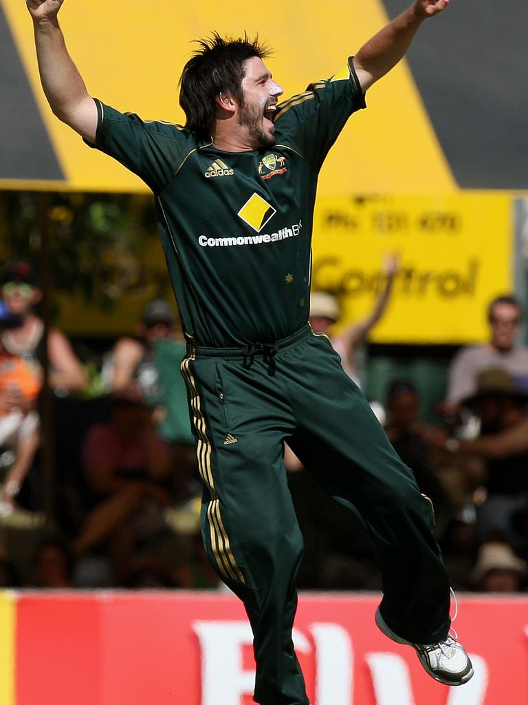 Brett Geeves is jubilant after taking his first international wicket at Marrara. Picture: AFP PHOTO/Greg Wood.