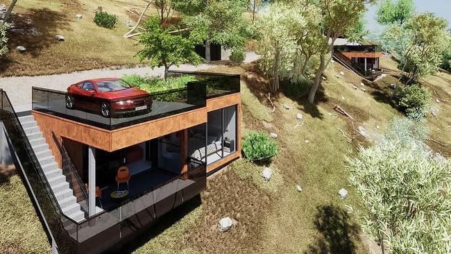 Artist impression of a proposed new tourist cabins on the side of Mount Osmond, overlooking Adelaide. Picture: Lookadesign