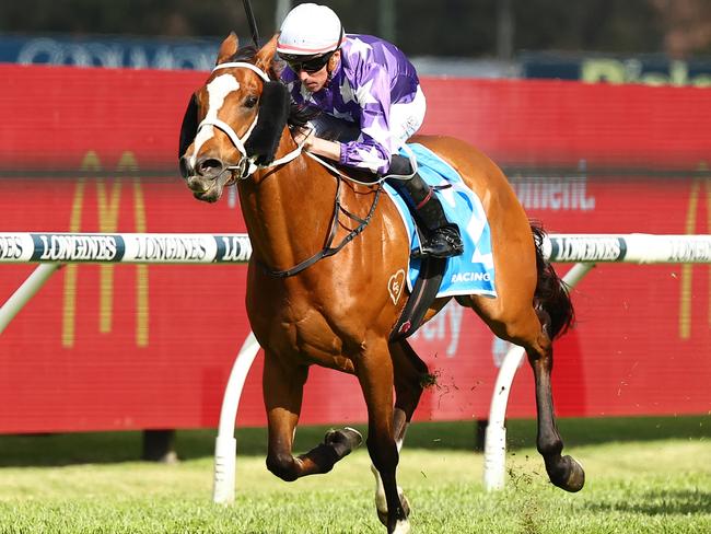 SYDNEY, AUSTRALIA - SEPTEMBER 23: Nash Rawiller riding Espiona wins Race 6 Racing and Sports Golden Pendant during "Kia Golden Rose Day" - Sydney Racing at Rosehill Gardens on September 23, 2023 in Sydney, Australia. (Photo by Jeremy Ng/Getty Images)