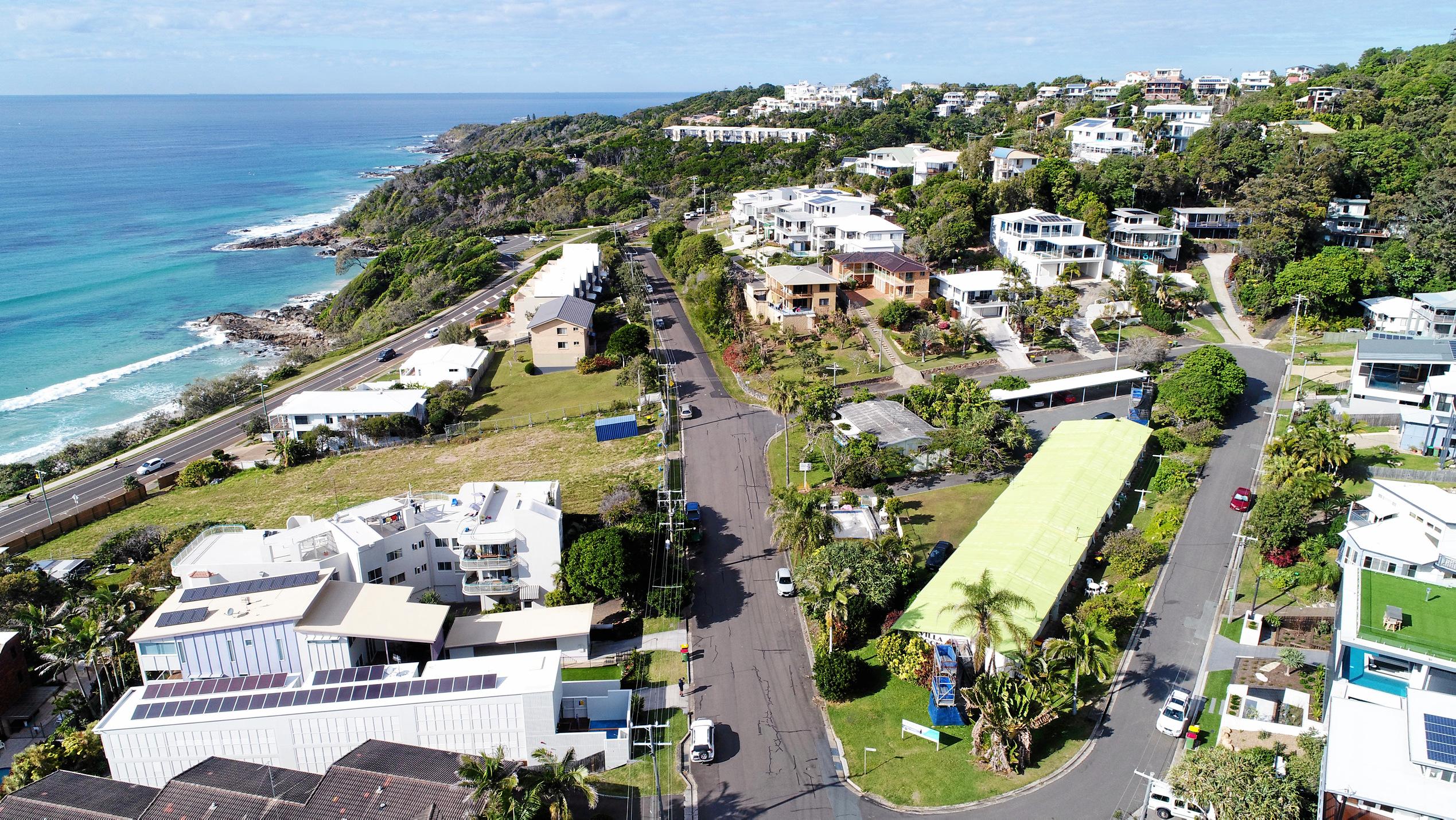 A 21-unit lowrise is a step closer to replacing the seedy-looking 1972 Villa Coolum short term Accom, with a building company applying for permission to demolish 102-104 Coolum Tce, Coolum Beach. The site is an entire block with three street frontages - a triangular lot that's a block back from David Low Way and the beach. Picture: Patrick Woods