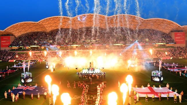 The Kangaroos and England enter the stadium during the opening ceremony.