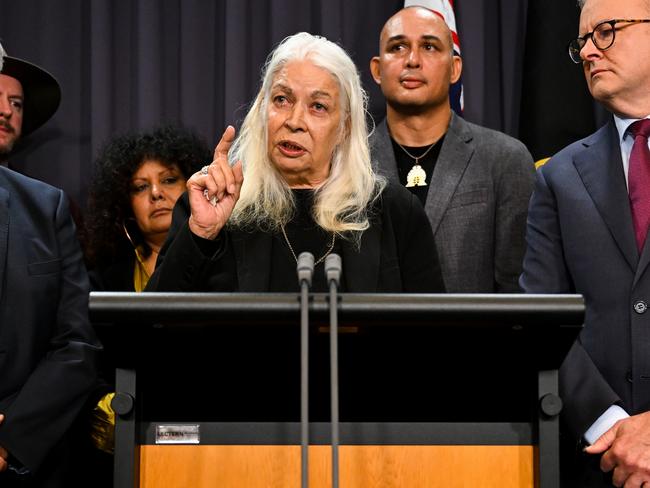 EMBARGO FOR TWAM 08 2023. FEE MAY APPLY. Member of the First Nations Referendum Working Group Marcia Langton speaks to the media during a press conference at Parliament House in Canberra, Thursday, March 23, 2023. (AAP Image/Lukas Coch) NO ARCHIVING