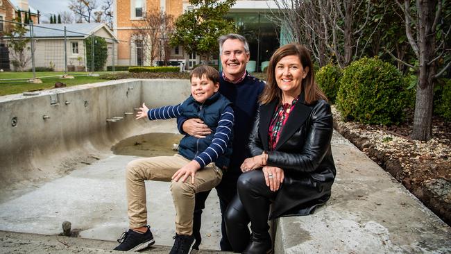 Abbey Hall, husband Chris and son Harry, 10, are having a pool built in the backyard of their North Adelaide home. Picture: Tom Huntley