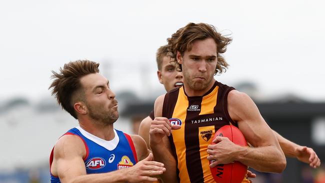 Jack Scrimshaw during the match simulation against the Western Bulldogs. (Photo by Michael Willson/AFL Photos via Getty Images)