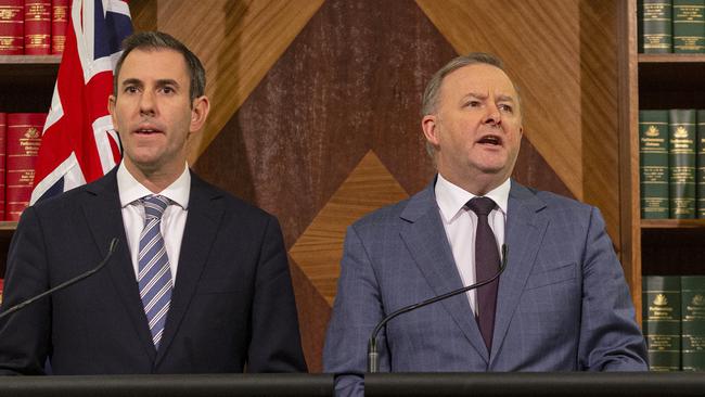 Jim Chalmers with Anthony Albanese (right) during the Labor Party cabinet meeting yesterday. Picture: AAP.