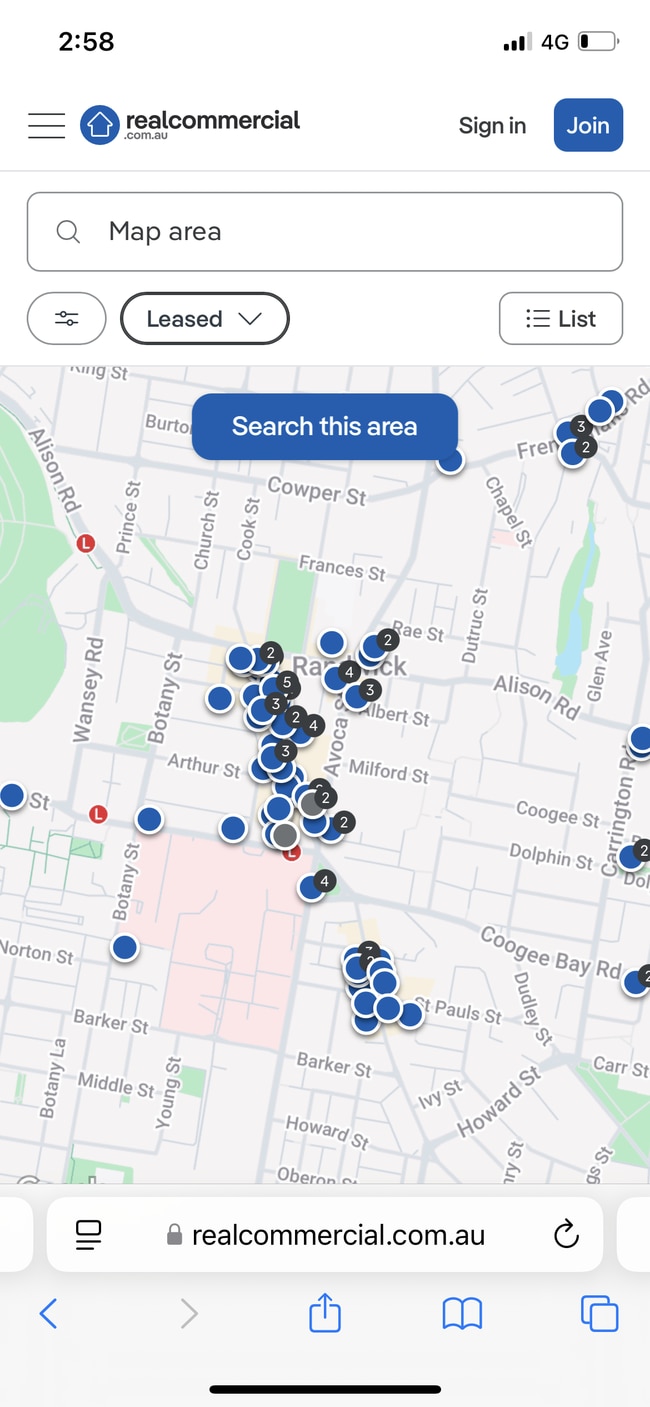 A map of for lease or recently leased commercial properties in Randwick. Picture: Realestate.com