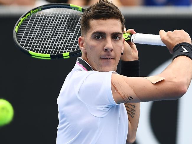 Thanasi Kokkinakis lines up a backhand. Picture: Jewel Samad/AFP