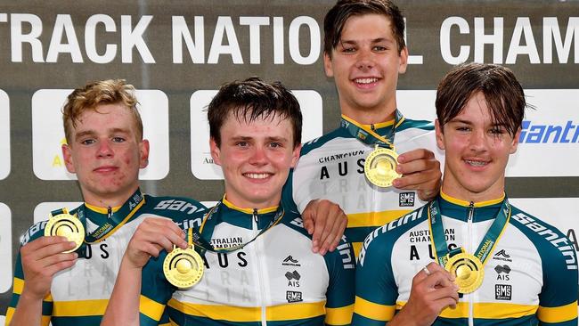 Tasmania's Sam McKee, Alex Eaves, Hayden van der Ploeg and Lachlan Oliver took out the team pursuit at the Auscycling National Track Championships. Picture: Andrew Trovas