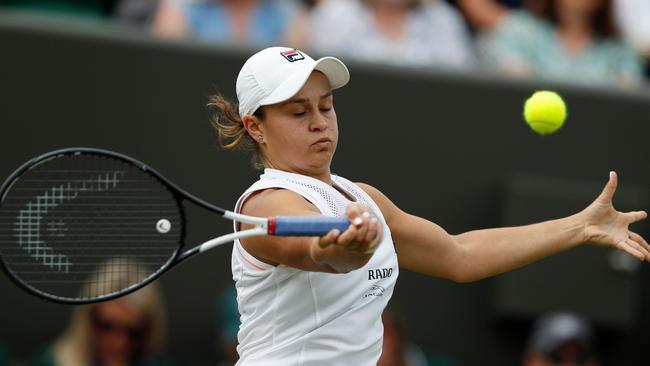 Ash Barty hitting a forehand to Alison Riske at Wimbledon in 2019 Picture: AFP