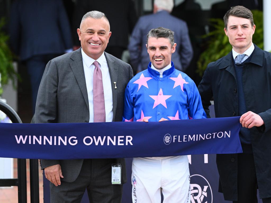 Winning owner John Kanga, with jockey Billy Egan and trainer Dominic Sutton at Flemington Racecourse on August 03. Picture: Getty Images