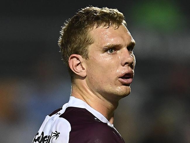 TOWNSVILLE, AUSTRALIA - JUNE 08: Tom Trbojevic of the Sea Eagles looks on during the round 13 NRL match between the North Queensland Cowboys and the Manly Sea Eagles at 1300SMILES Stadium on June 08, 2019 in Townsville, Australia. (Photo by Ian Hitchcock/Getty Images)