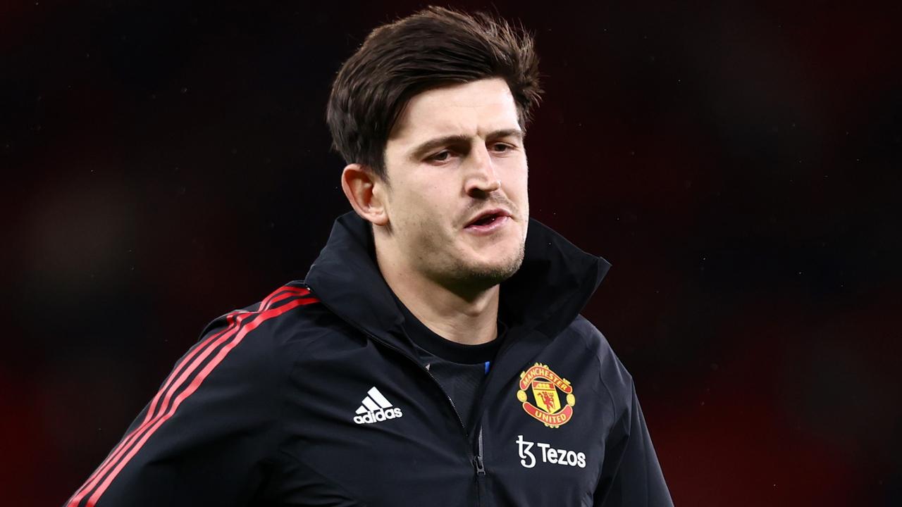 MANCHESTER, ENGLAND - JANUARY 10: Harry Maguire of Manchester United warms up prior to the Carabao Cup Quarter Final match between Manchester United and Charlton Athletic at Old Trafford on January 10, 2023 in Manchester, England. (Photo by Naomi Baker/Getty Images)