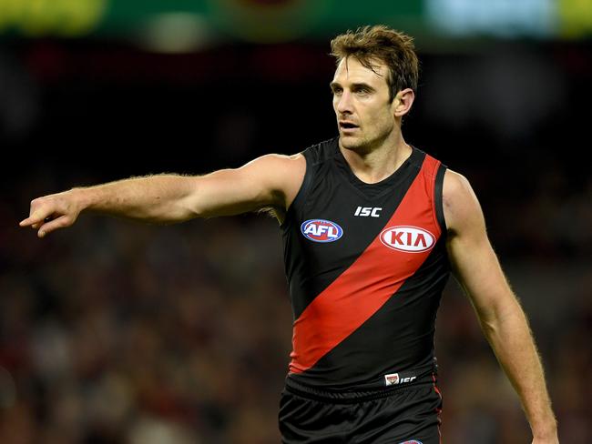 Jobe Watson of the Bombers in action, during the Round 23 AFL match between the Essendon Bombers and Fremantle Dockers at Etihad stadium in Melbourne, Sunday, August 27, 2017. (AAP Image/Joe Castro) NO ARCHIVING, EDITORIAL USE ONLY