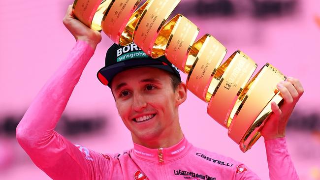 Jai Hindley with the Giro d’Italia trophy. Picture: Tim de Waele/Getty Images