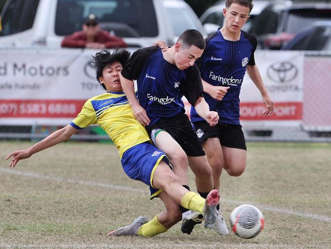 Premier Invitational Football 2024 tournament at Glennon Park Nerang. Field 1...Selwyn Utd (blue) V Brisbane Strikers (Yellow).   Picture Glenn Hampson