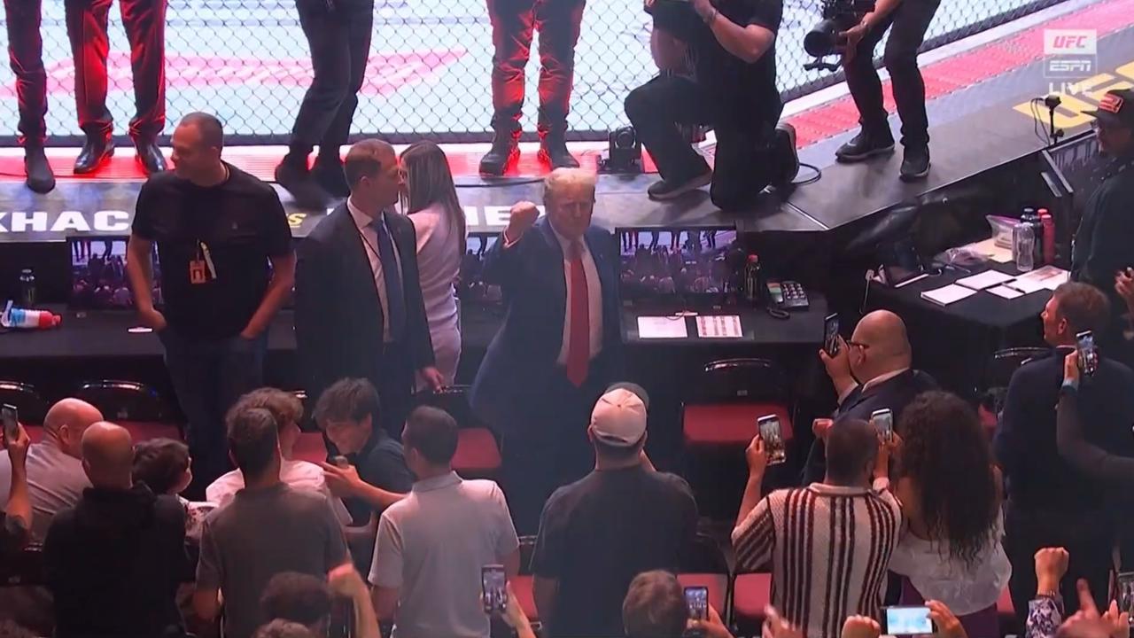 Donald Trump plays with the crowd at UFC 302. Photo: Foxtel, Main Event.