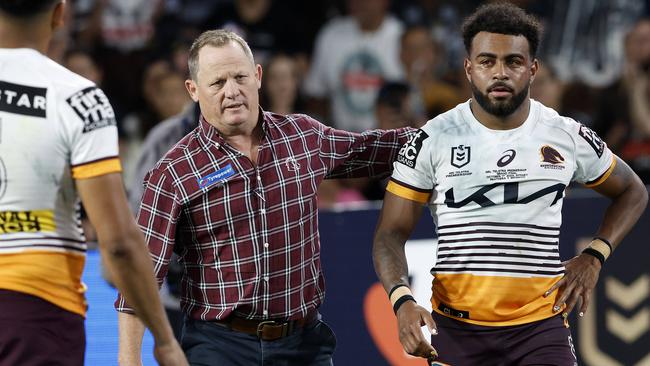 Kevin Walters concsoles Ezra Mam who is inconsolable after losing the 2023 NRL Grand Final between the Brisbane Broncos and the Penrith Panthers at Accor Stadium, Sydney Olympic Park. Pics Adam Head