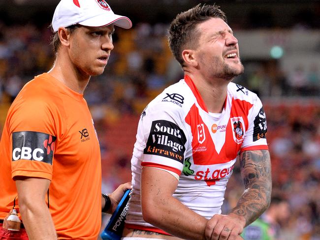 BRISBANE, AUSTRALIA - MARCH 28: Gareth Widdop of the Dragons is taken from the field injured during the round 3 NRL match between the Brisbane Broncos and the St George Illawarra Dragons at Suncorp Stadium at Suncorp Stadium on March 28, 2019 in Brisbane, Australia. (Photo by Bradley Kanaris/Getty Images)