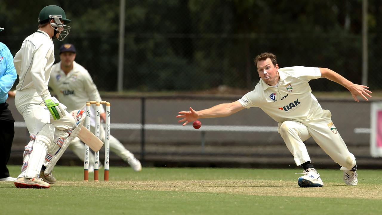 VSDCA - Oakleigh quick Michael Splatt fielding off his own bowling. Picture: Stuart Milligan