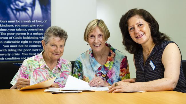 St Vincent's de Paul Society volunteers (from left) Deirdre Gardiner, Carole Rogan and Josephine Martini work with the Toowoomba refugee community. Picture: Kevin Farmer