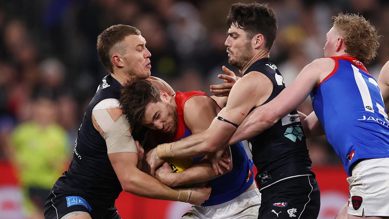 Carlton beat Melbourne at stoppages in round 22. Picture: Michael Klein