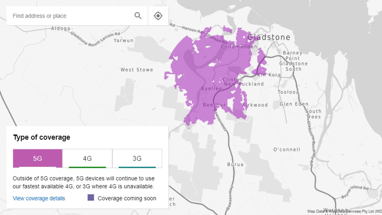 Telstra's current online 5G coverage map of Gladstone.