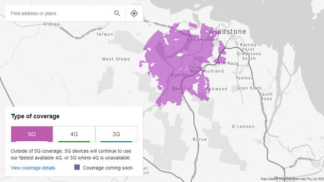 Telstra's current online 5G coverage map of Gladstone.