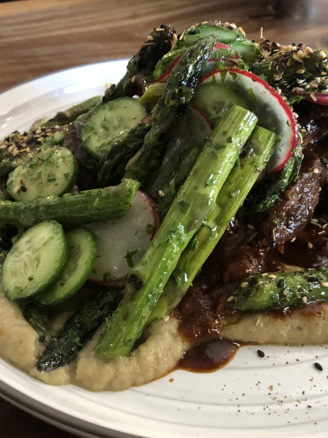 Lamb shoulder with babaganoush and asparagus at The Hagen Arms, Echunga.