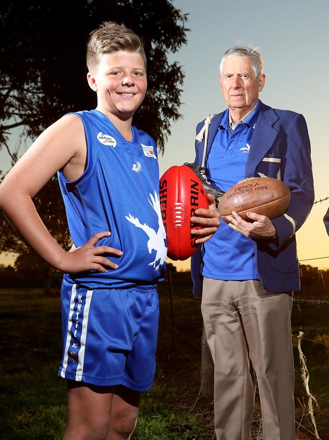 Penola’s Jacob Robbie and Dean Galpin in 2015 when the Eagles celebrated their 150th year. Picture: Simon Cross