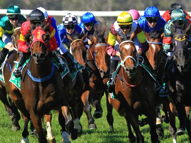 Loving home ridden by Tye Angland  (yellow cap, maroon with yellow armbands) wins race 1 during Scone  Races located in the Upper Hunter Region of NSW. The Bend . Pic Jenny Evans