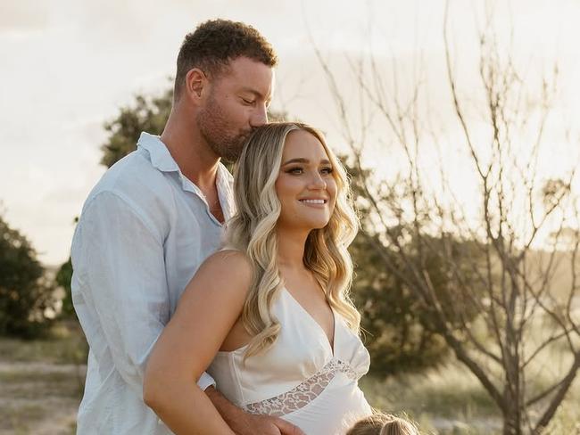 Gold Coast influencer Georgie Stevenson alongside husband Tim Crouch and their three-year-old daughter Ivy as she announces her second pregnancy, revealing their newest addition is due in late August 2025. Photo: Instagram.