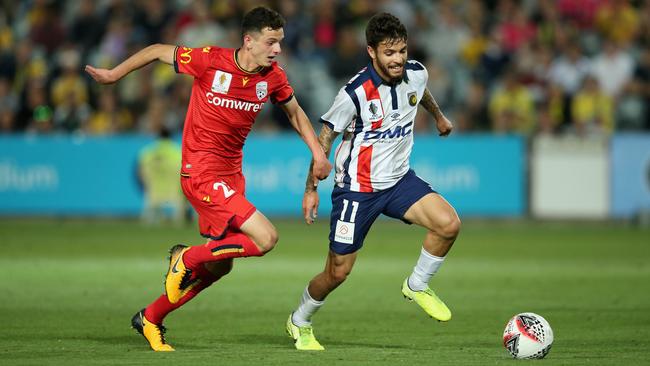 Midfielder Louis D’Arrigo in action during Adelaide United’s FFA Cup semi-final victory over Central Coast Mariners. Picture: Ashley Feder/Getty Images