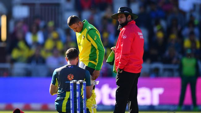 Usman Khawaja suffered a hamstring complaint, but was able to return later in Australia’s innings. Picture: Getty