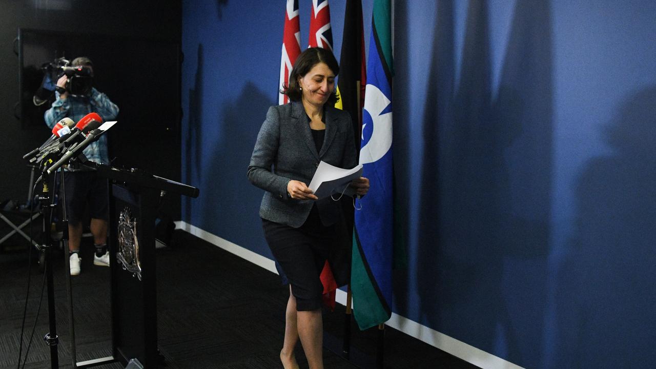 Gladys Berejiklian departs after her final press conference. Picture: Bianca De Marchi – Pool/Getty Images