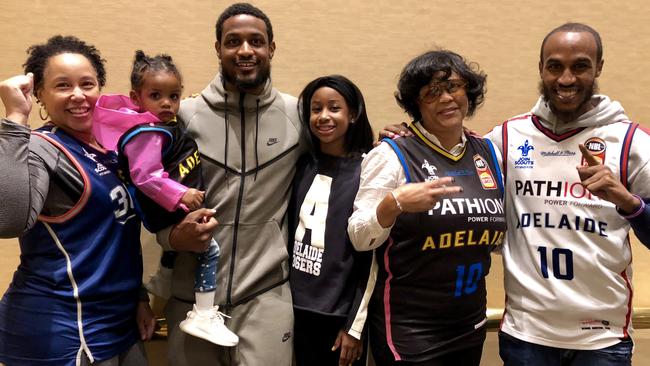 Adelaide 36ers Star Ramone Moore’s family has flown to Salt Lake City from Philadelphia to watch him step on an NBA court for the first time. From left his aunt Charlene, daughters Au’bri, 1, and Simone, 11, mother Stephanie and brother Dante.