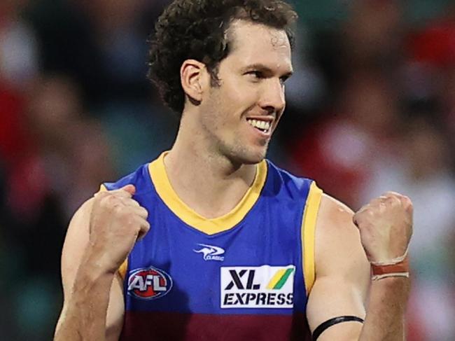 SYDNEY, AUSTRALIA - MAY 01: Darcy Fort of the Lions celebrates kicking a goal during the round seven AFL match between the Sydney Swans and the Brisbane Lions at Sydney Cricket Ground on May 01, 2022 in Sydney, Australia. (Photo by Cameron Spencer/Getty Images)