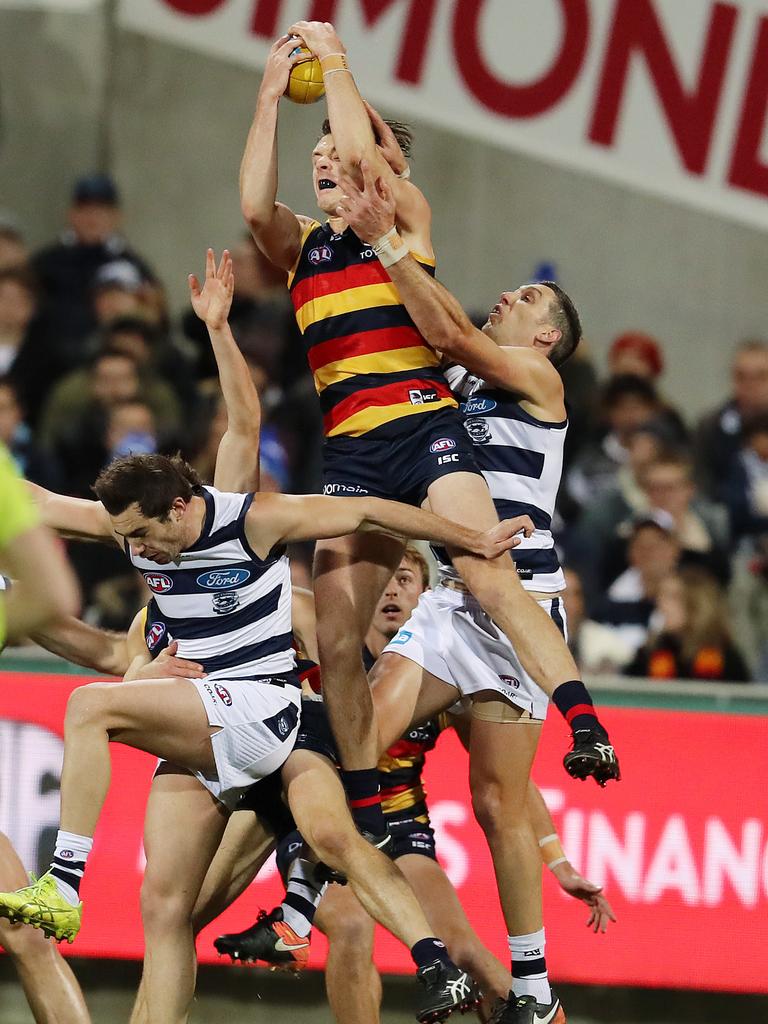 Adelaide's Jake Lever takes a defensive mark in 2017. Picture: Michael Klein