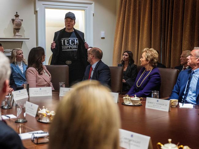 Leader of the Department of Government Efficiency Elon Musk wears a shirt that says "Tech Support" as he speaks during the first cabinet meeting of US President Donald Trump. Picture: AFP