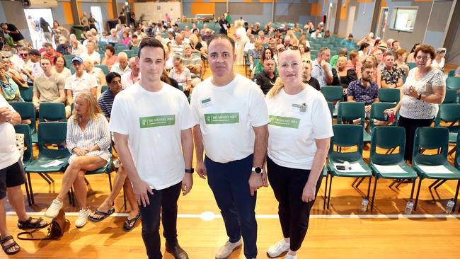 Sam O'Connor MP, Jason Young and Michelle Young at Sunday’s community meeting. Picture: Richard Gosling