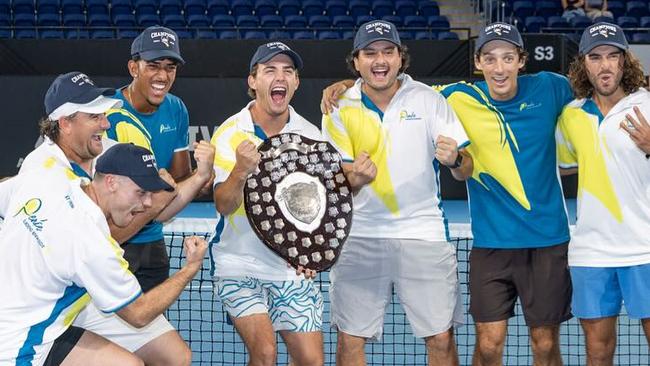 Peake Gardens Riverside celebrates winning the 2025 Tennis SA Men's State League title. Picture: Tennis SA