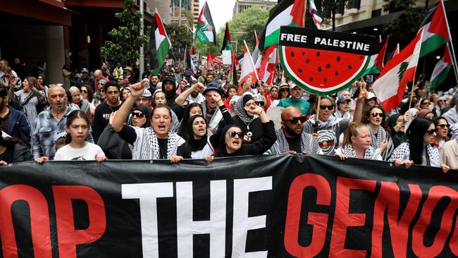 Protesters march in the Sydney CBD to call for peace and an end to the current Israeli occupation of Palestine and the ongoing war between the two nations, and the escalating assault on Lebanon. Picture: NewsWire / Damian Shaw