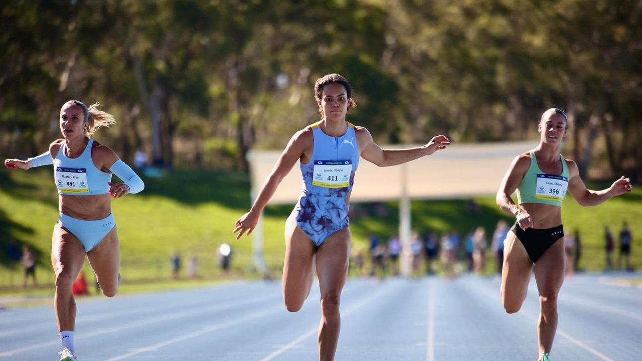 Torrie Lewis breaks the Australian 100m record. Photo: Athletics Australia