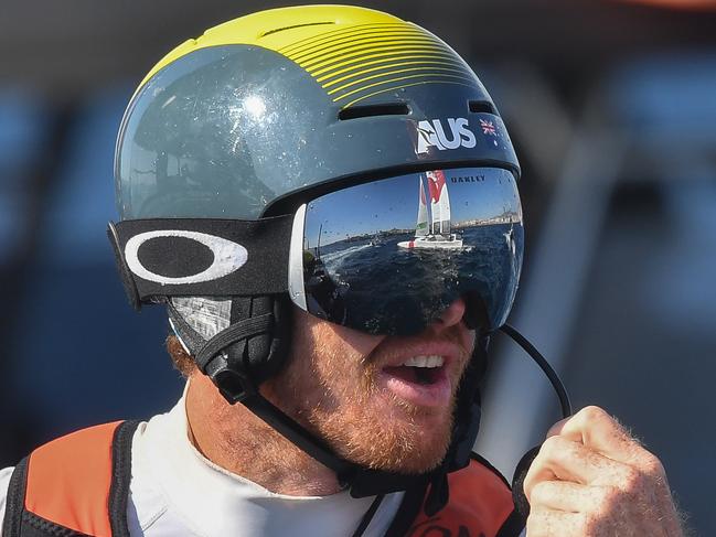 A supplied image obtained Saturday, September 21, 2019 of Tom Slingsby, helm of the Australia SailGP Team after the third fleet race. Race Day 1. The final SailGP event of Season 1 in Marseille, France. 20 September 2019. (AAP Image/Ricardo Pinto, SailGP) NO ARCHIVING, EDITORIAL USE ONLY