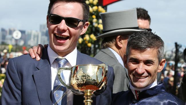 Trainer Joseph O'Brien, with jockey Corey Brown after winning last year’s Melbourne Cup, wants LaTrobe’s mate to accompany him to Australia. Picture: Michael Klein