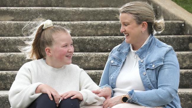 Mikayla, 11, chats with her mum Jane Parker about the Covid vaccination. Picture: Dean Martin