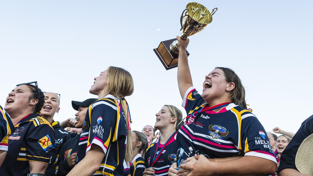Highfields captain Katelyn Collie celebrates her team winning the 2024 TRL women’s premiership. Picture: Kevin Farmer